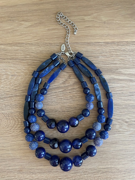 CHICO’S TRIPLE STRAND COBALT BLUE BEADED STATEMENT NECKLACE Chunky Layered - Picture 7 of 10